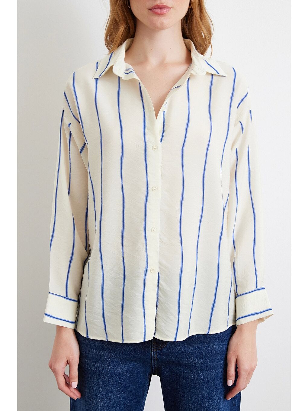 Mavi Çizgili Modal Gömlek Saks-3