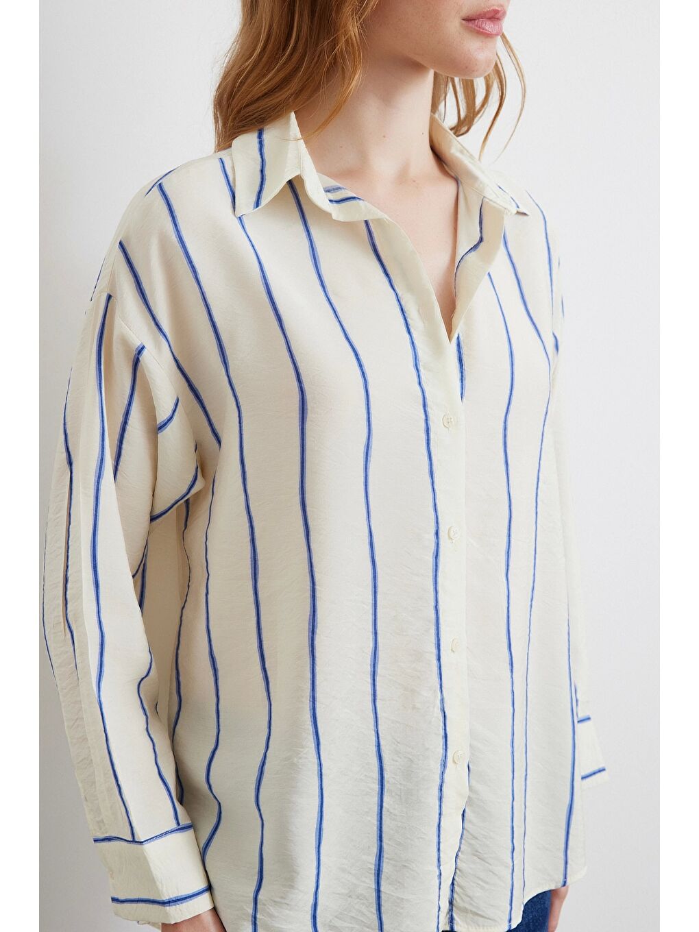 Mavi Çizgili Modal Gömlek Saks-4