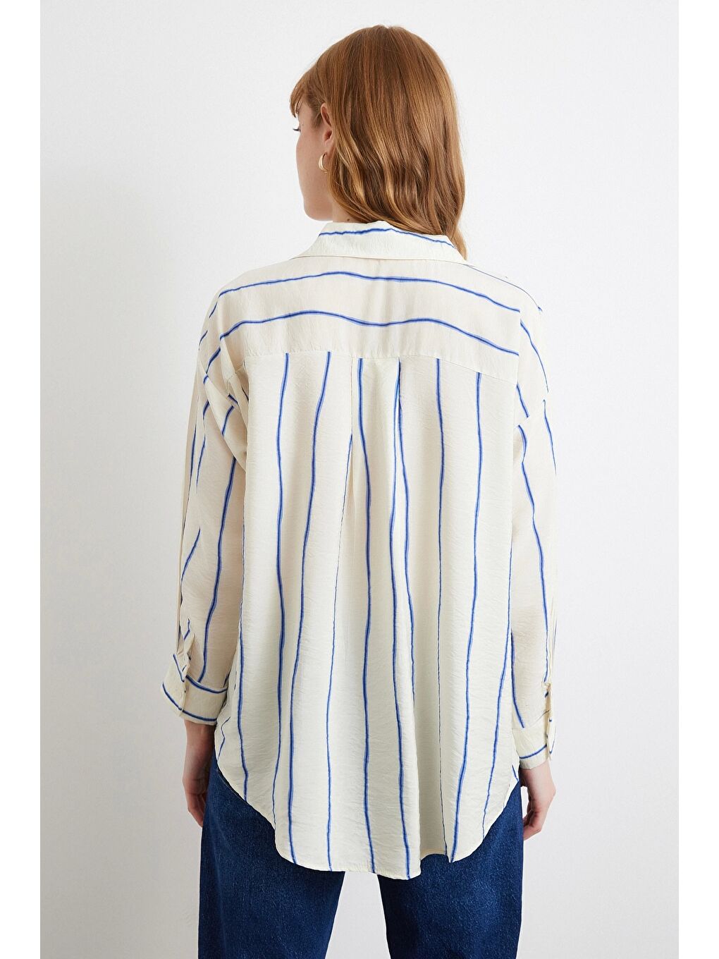 Mavi Çizgili Modal Gömlek Saks-5