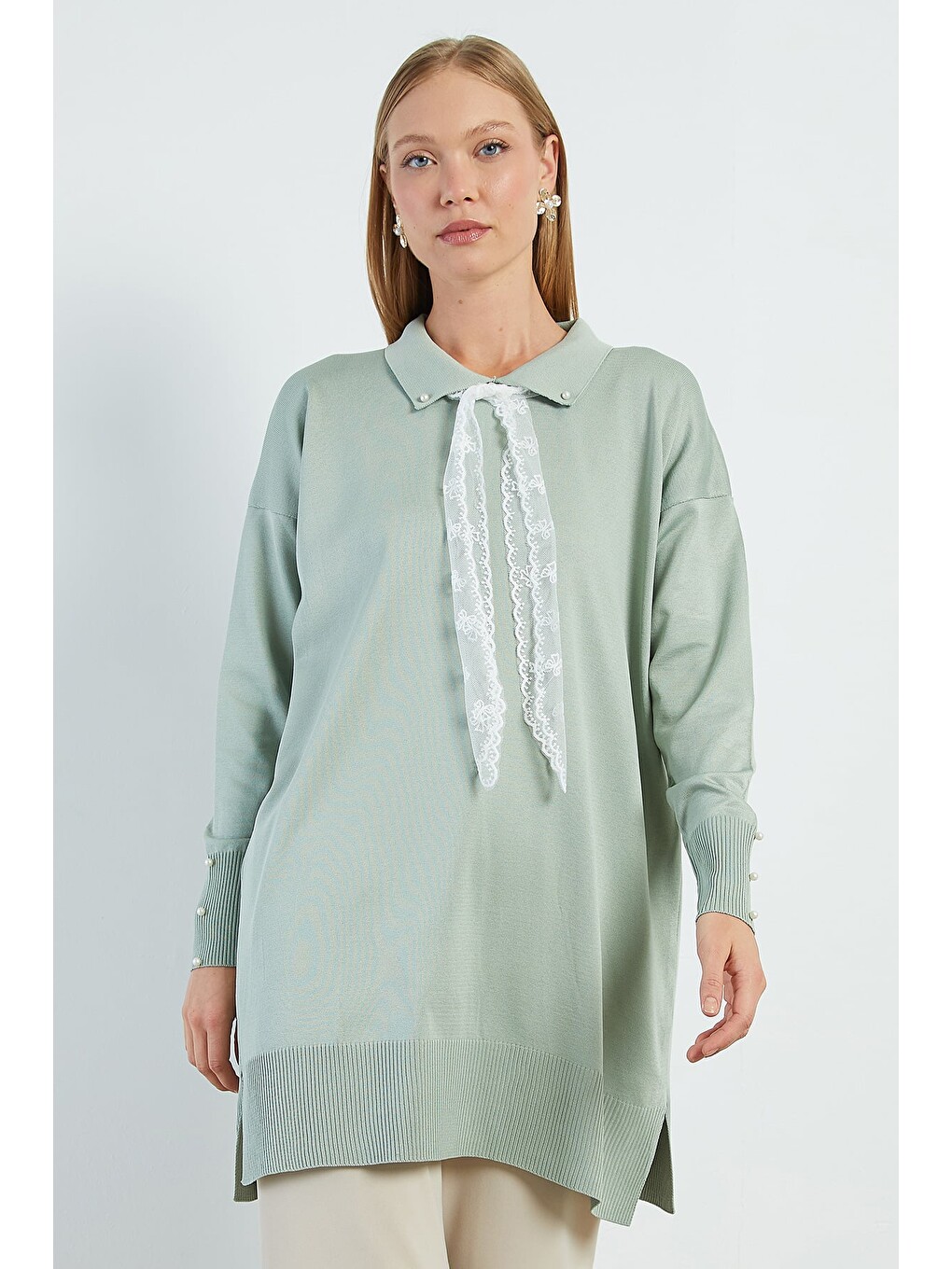 Yeşil Fullamodest Dantel Fularlı Triko Tunik-3