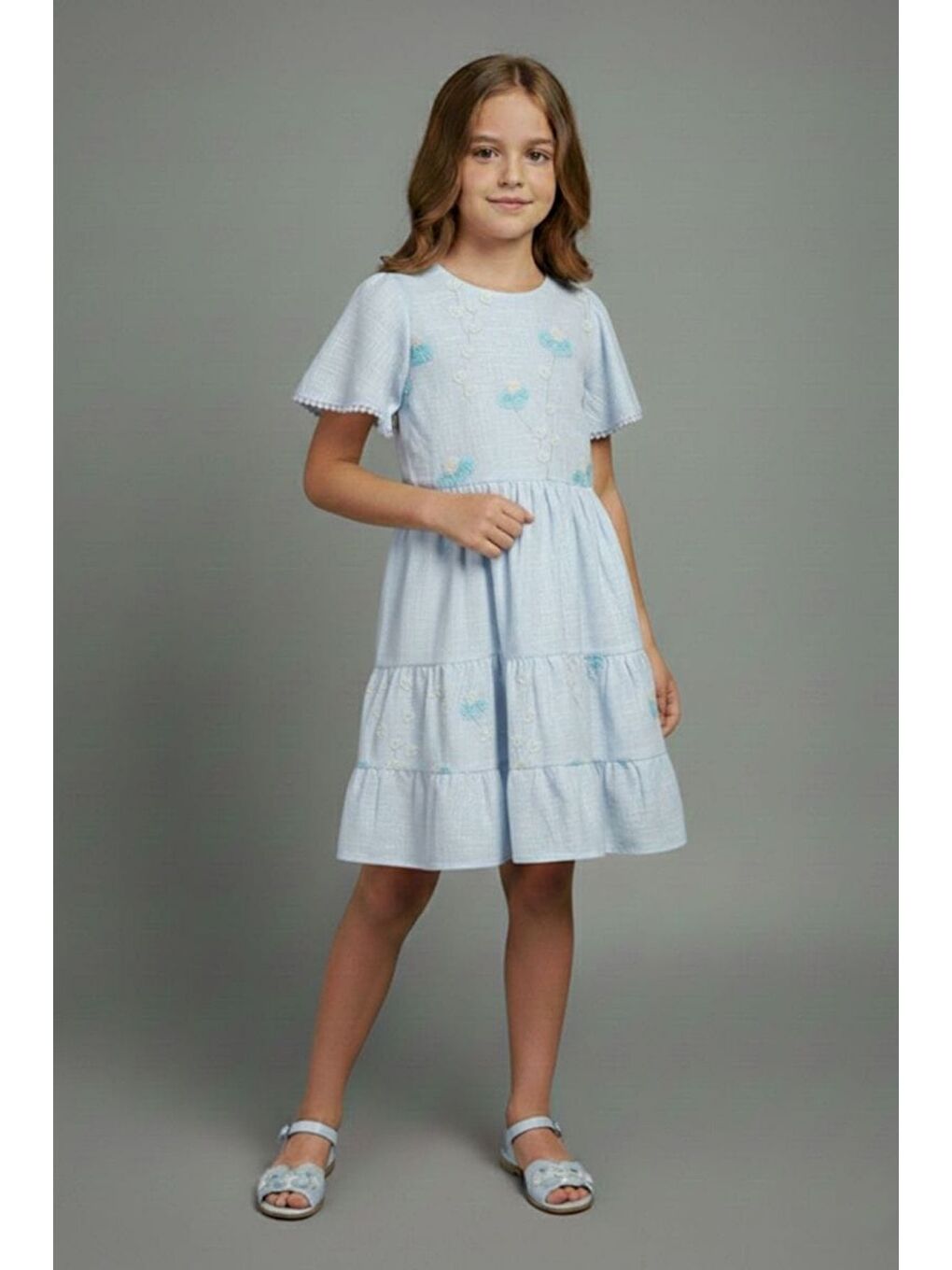 Mavi Kız Çocuk Çiçek İşlemeli Çantalı Kısa Kollu Elbise-1