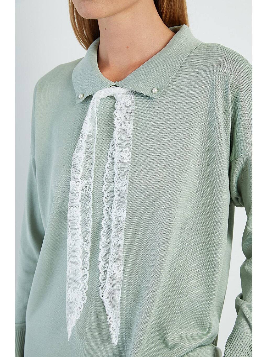 Yeşil Fullamodest Dantel Fularlı Triko Tunik-4