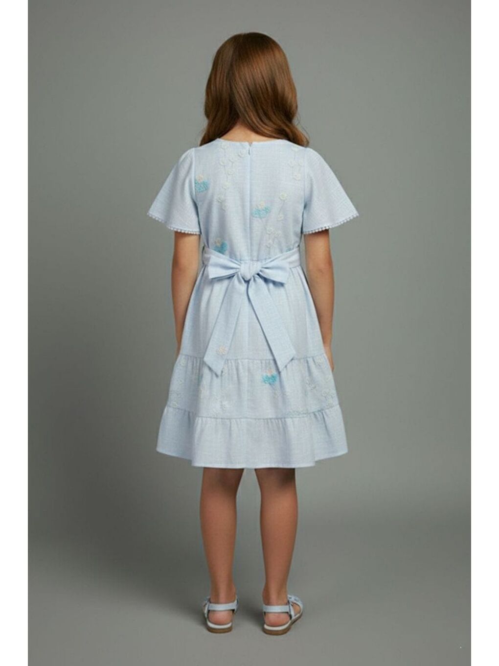 Mavi Kız Çocuk Çiçek İşlemeli Çantalı Kısa Kollu Elbise-2