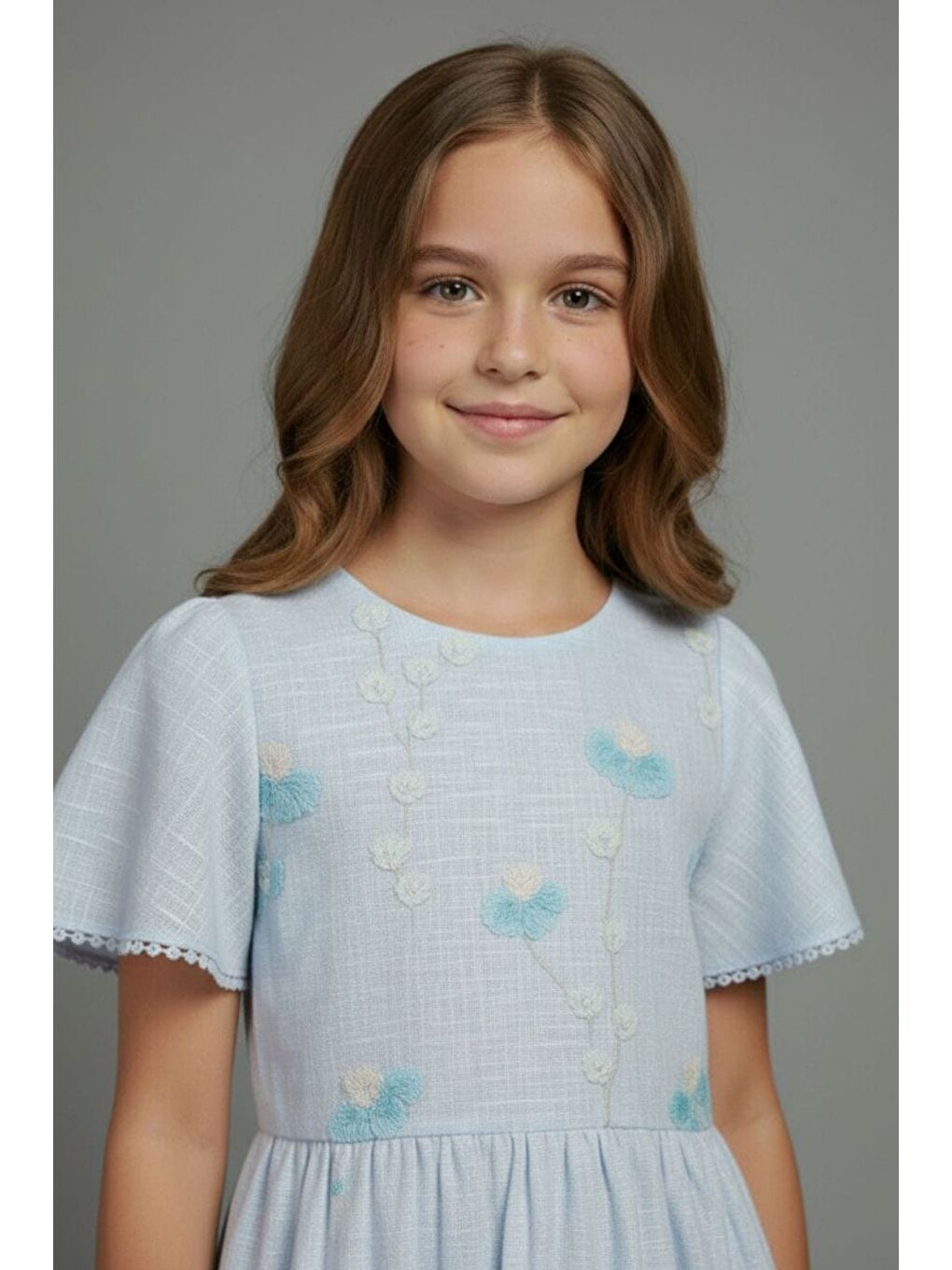 Mavi Kız Çocuk Çiçek İşlemeli Çantalı Kısa Kollu Elbise-4