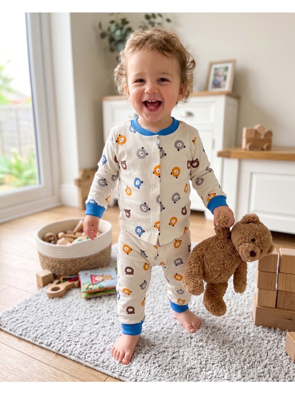 Mavi Erkek Bebek Ayıcık Baskılı %100 Pamuklu 1-2-3 Yaş Çıtçıtlı Alt Üst Mevsimlik Pijama Takımı-1