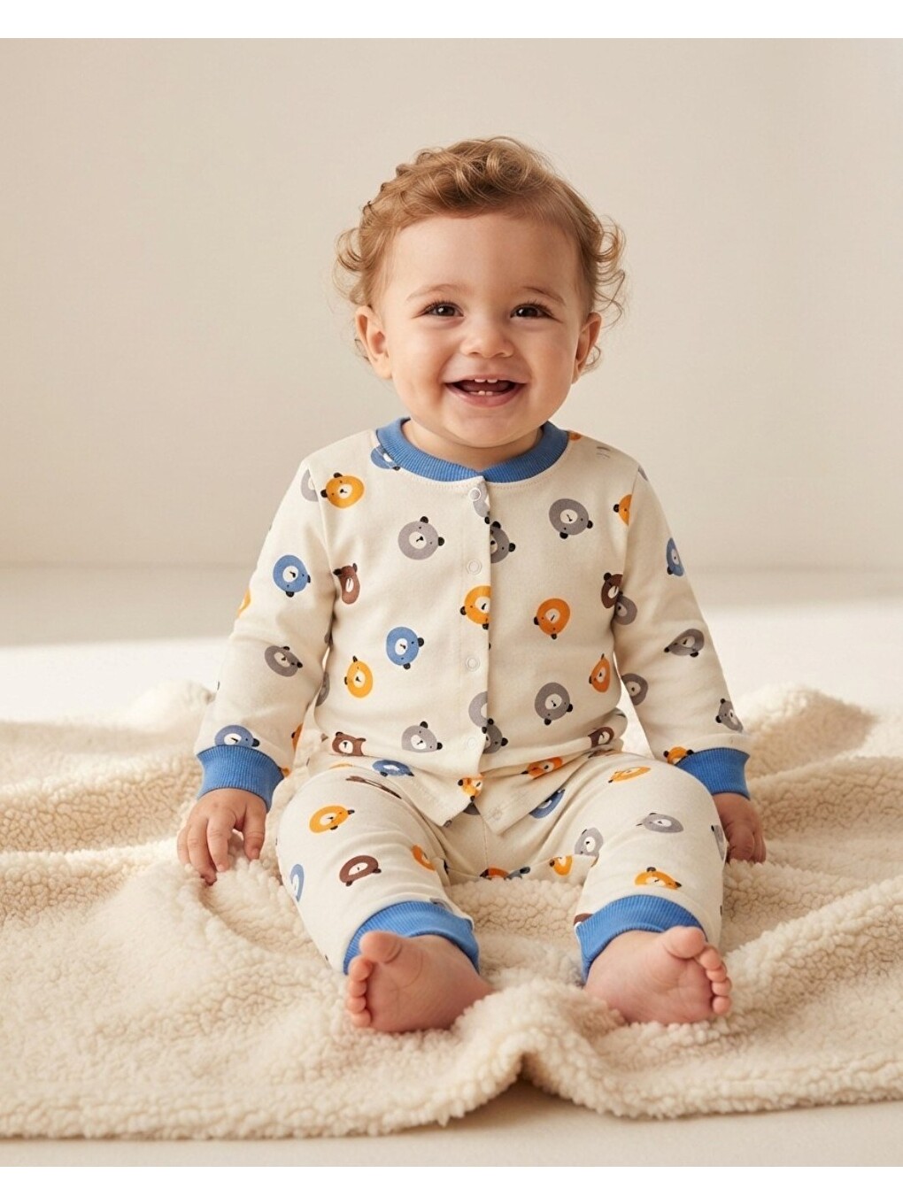 Mavi Erkek Bebek Ayıcık Baskılı %100 Pamuklu 1-2-3 Yaş Çıtçıtlı Alt Üst Mevsimlik Pijama Takımı-2