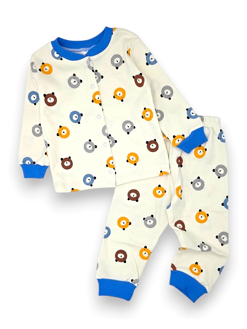 Mavi Erkek Bebek Ayıcık Baskılı %100 Pamuklu 1-2-3 Yaş Çıtçıtlı Alt Üst Mevsimlik Pijama Takımı-3