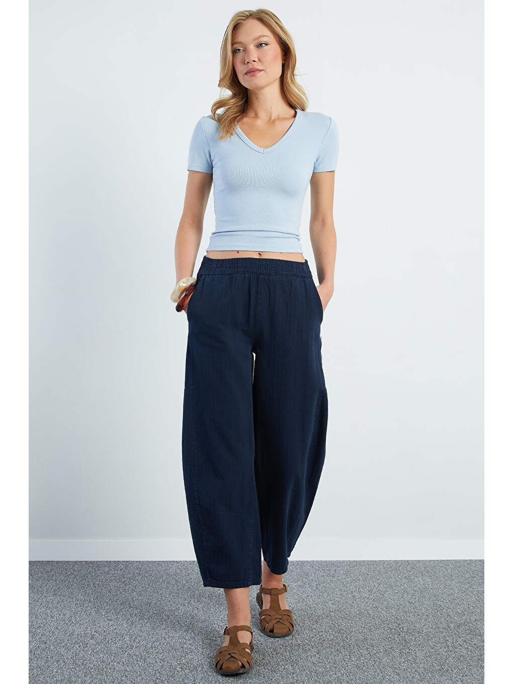 Lacivert Beli Lastikli Cepli Gabardin Pantolon-1