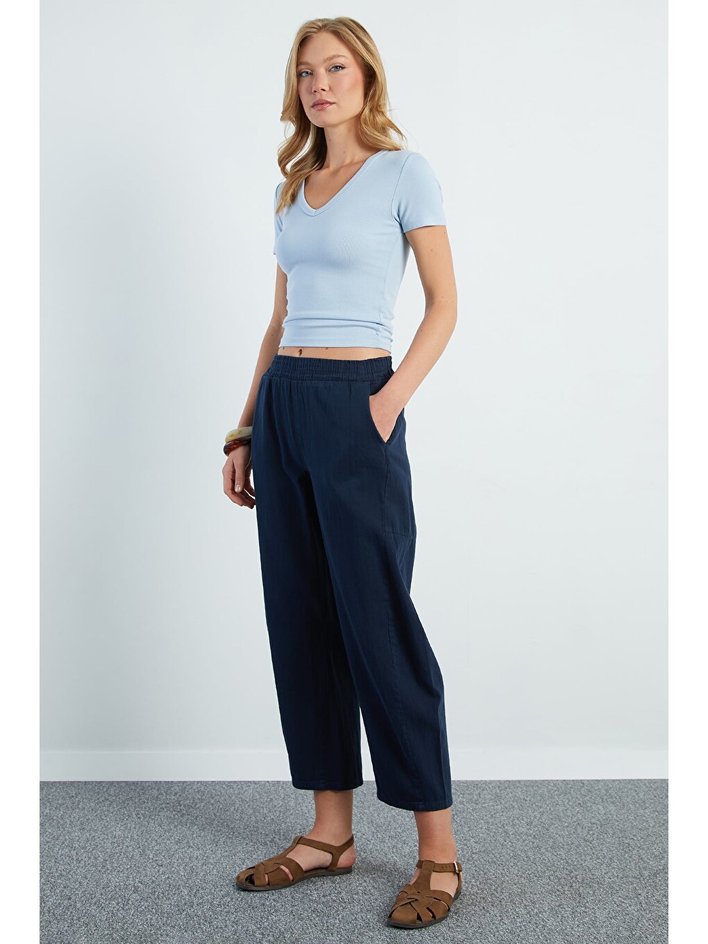 Lacivert Beli Lastikli Cepli Gabardin Pantolon-2