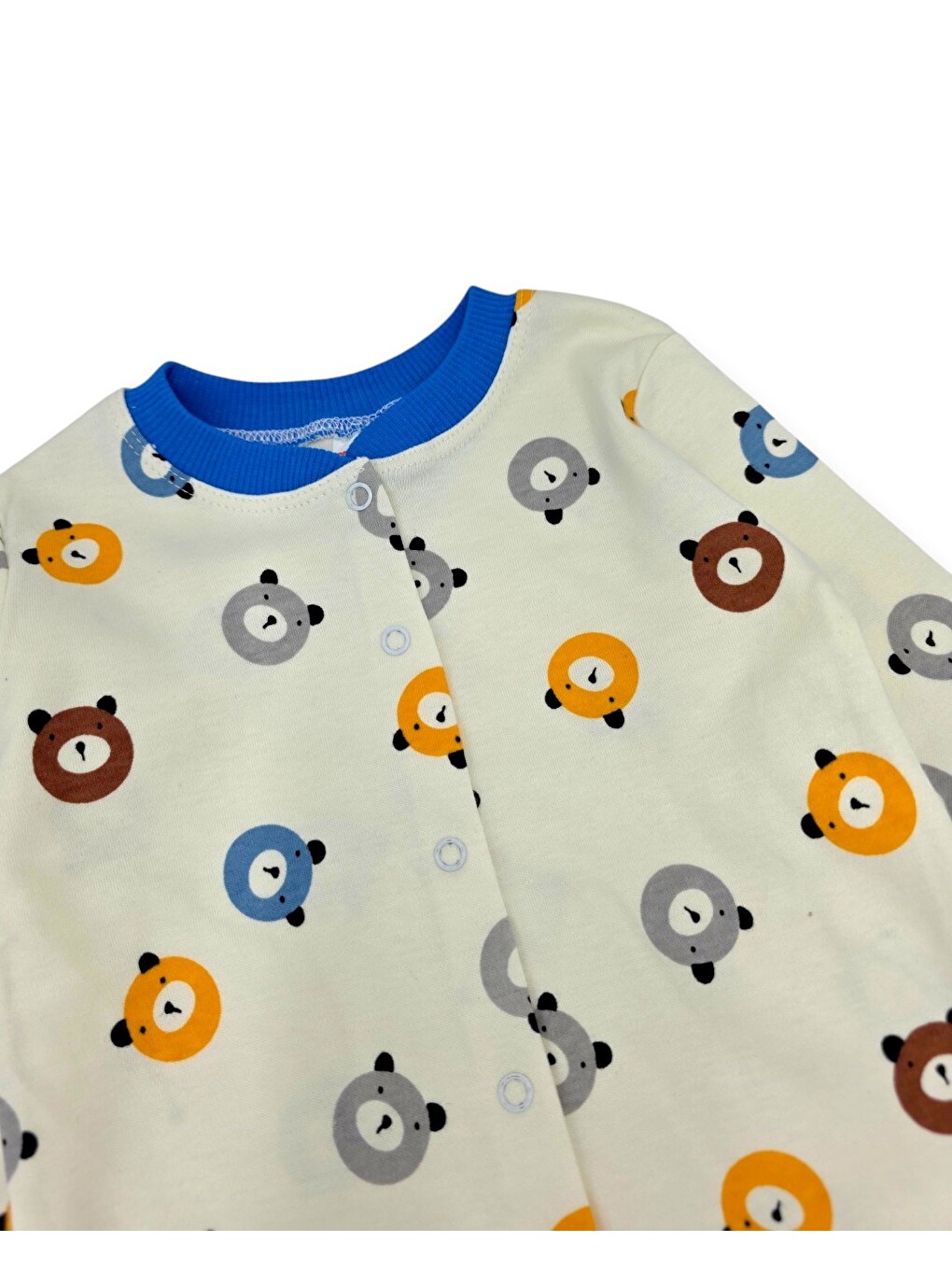 Mavi Erkek Bebek Ayıcık Baskılı %100 Pamuklu 1-2-3 Yaş Çıtçıtlı Alt Üst Mevsimlik Pijama Takımı-5