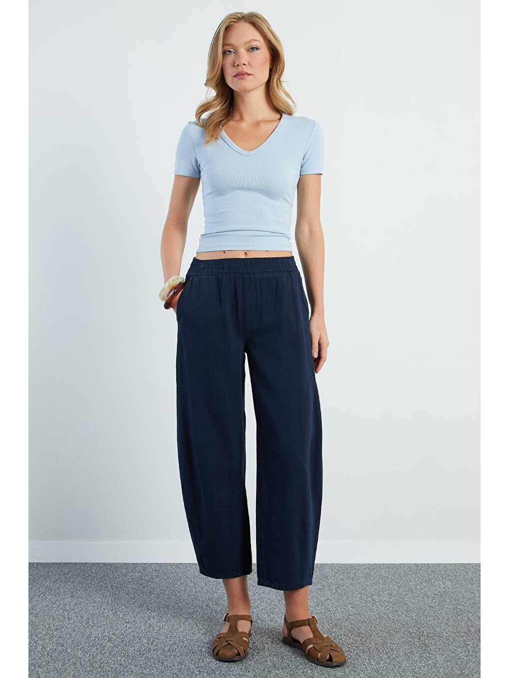 Lacivert Beli Lastikli Cepli Gabardin Pantolon-3