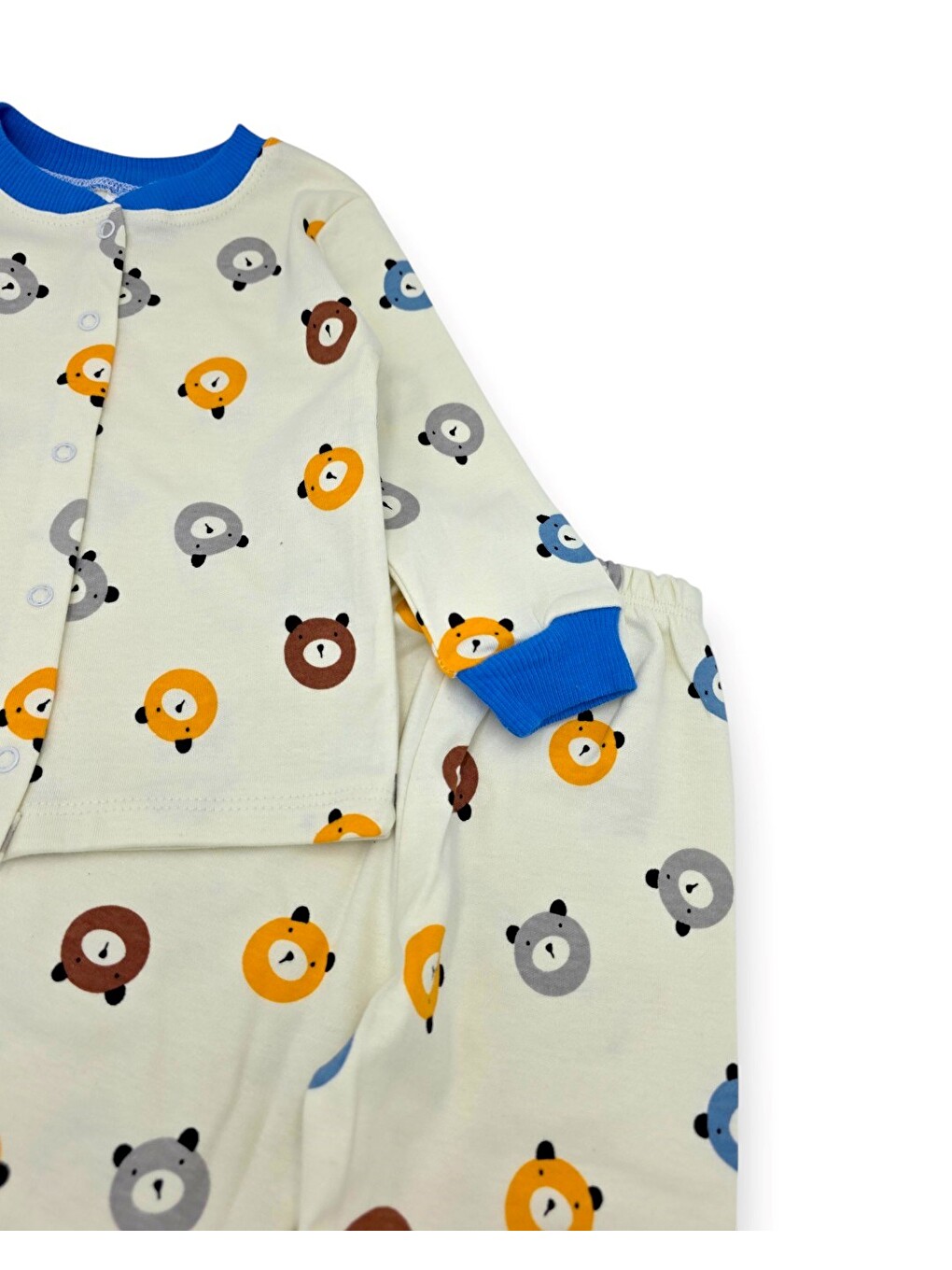 Mavi Erkek Bebek Ayıcık Baskılı %100 Pamuklu 1-2-3 Yaş Çıtçıtlı Alt Üst Mevsimlik Pijama Takımı-6