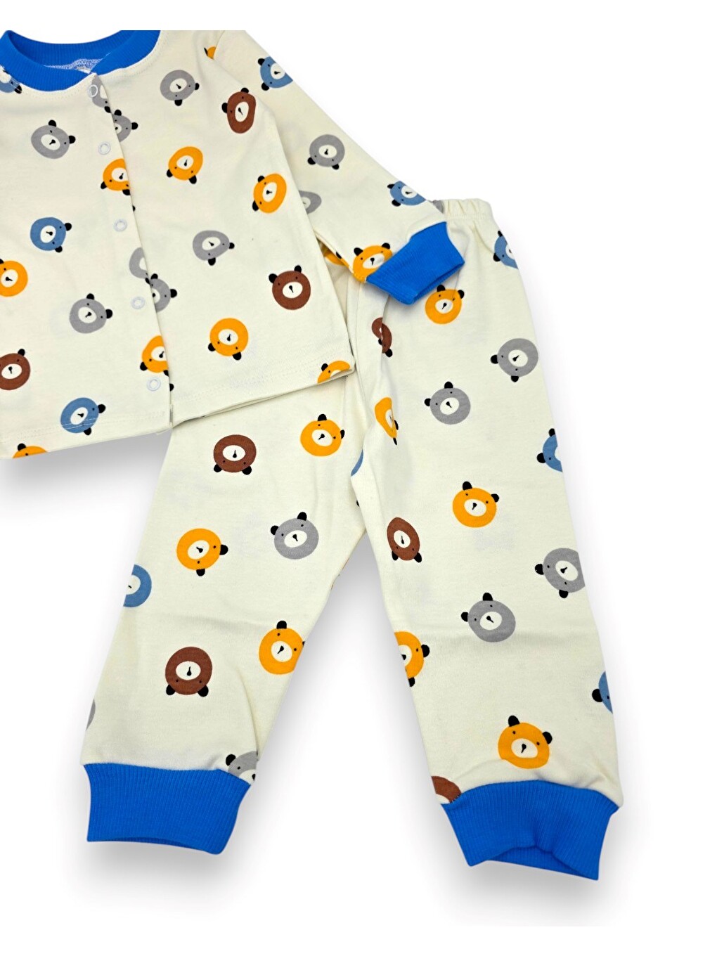Mavi Erkek Bebek Ayıcık Baskılı %100 Pamuklu 1-2-3 Yaş Çıtçıtlı Alt Üst Mevsimlik Pijama Takımı-7