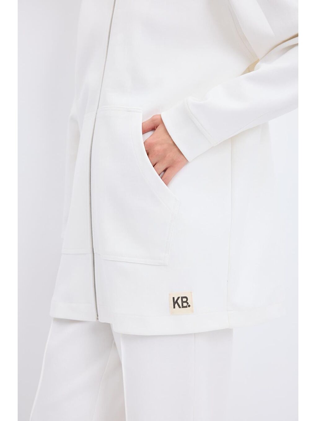 Fermuarlı Kanguru Cepli Kapüşonlu Hırka Ekru-5