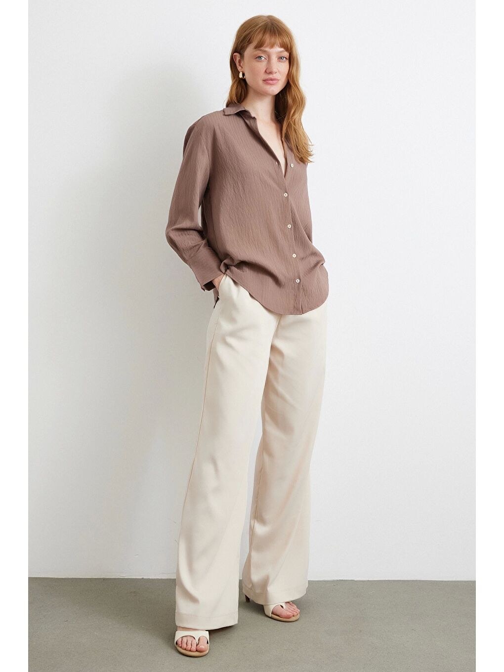 Karışık Paralel Çizgili Gömlek Kahve-1