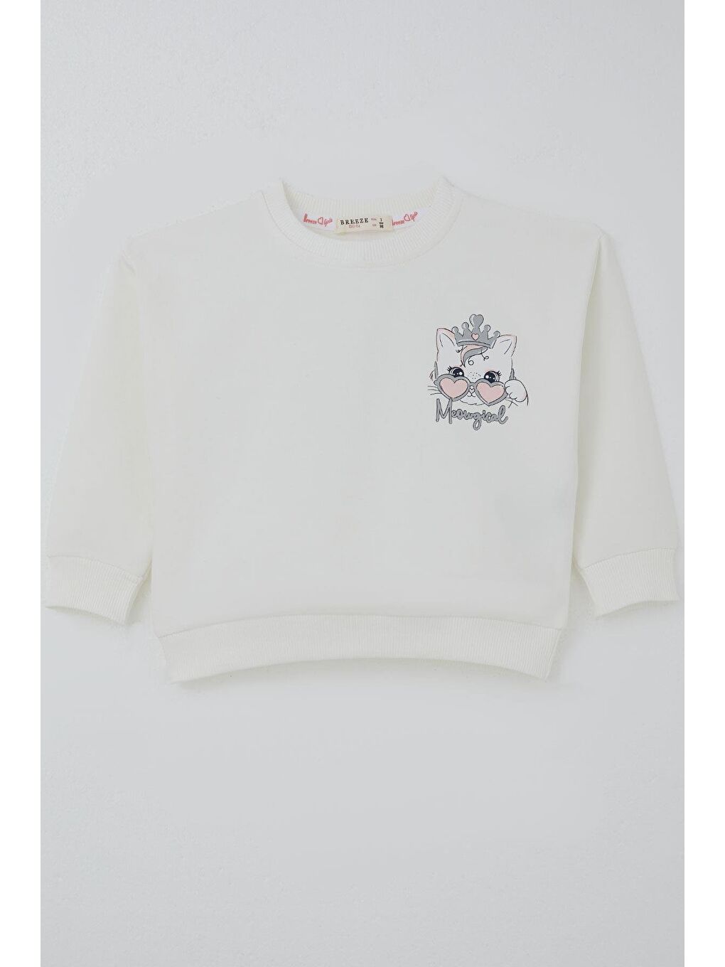 Kız Çocuk Sweatshirt Minik Taçlı Kedi Prenses Baskılı Sırt Baskı Detaylı Ekru (1.5-5 Yaş)