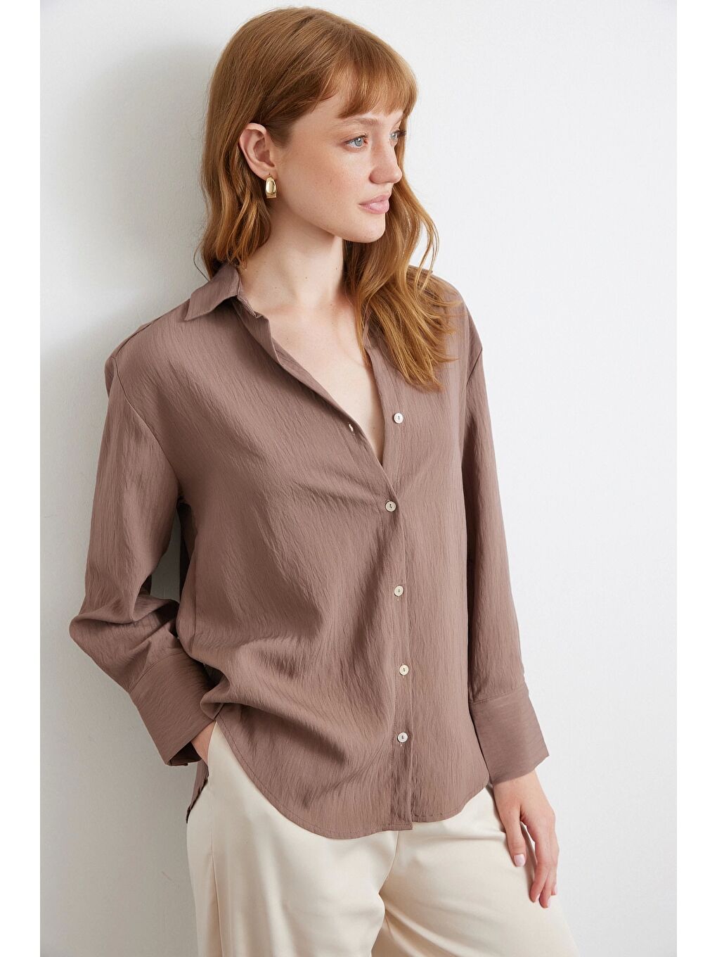 Karışık Paralel Çizgili Gömlek Kahve-2