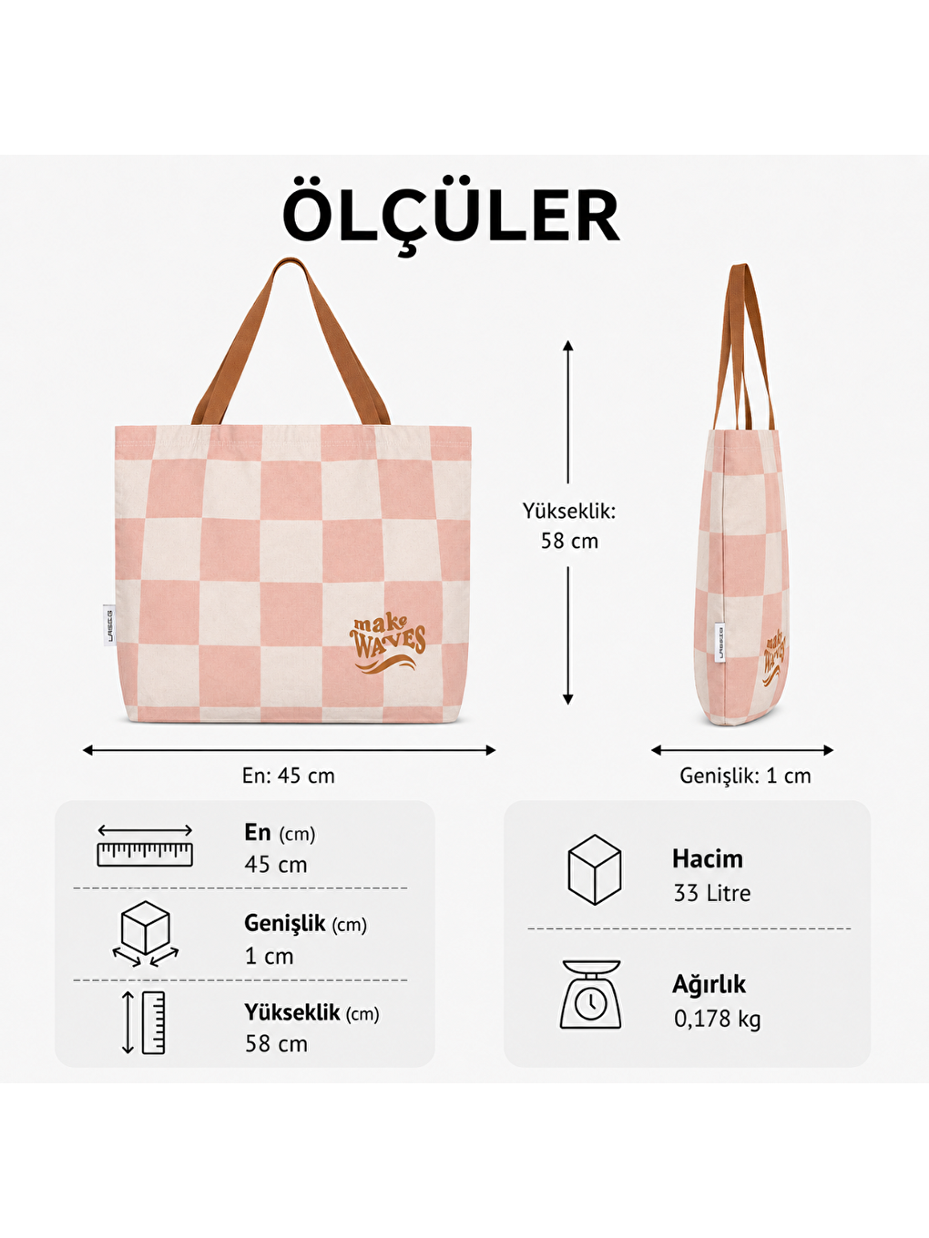 Pembe Plaj Çantası GOTS Check Pattern Peach Sea Salt-4