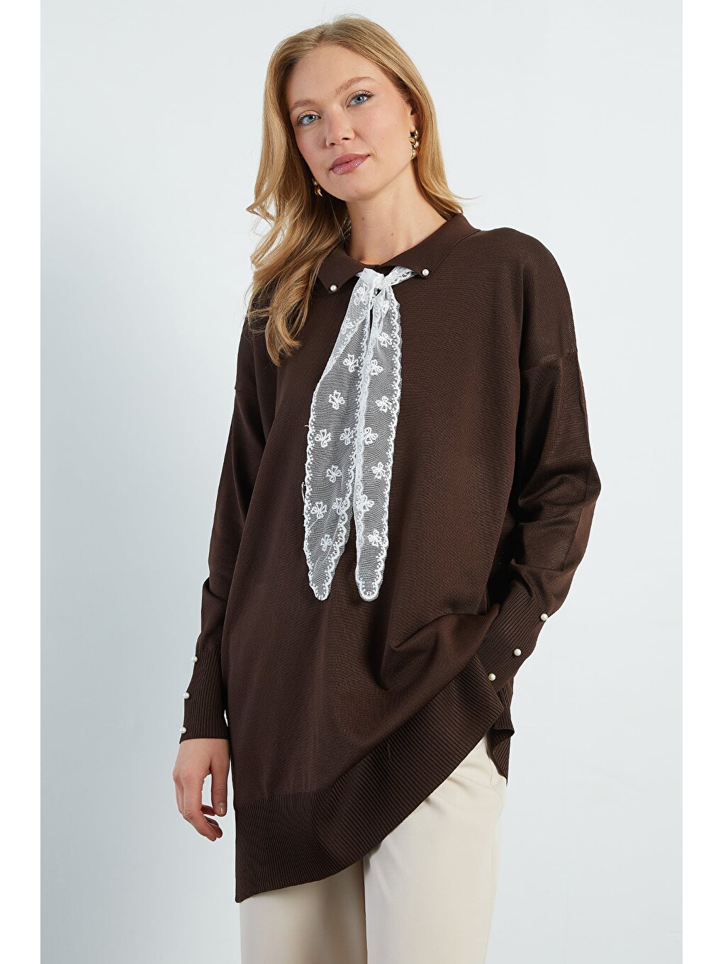 Kahverengi Fullamodest Dantel Fularlı Triko Tunik-1