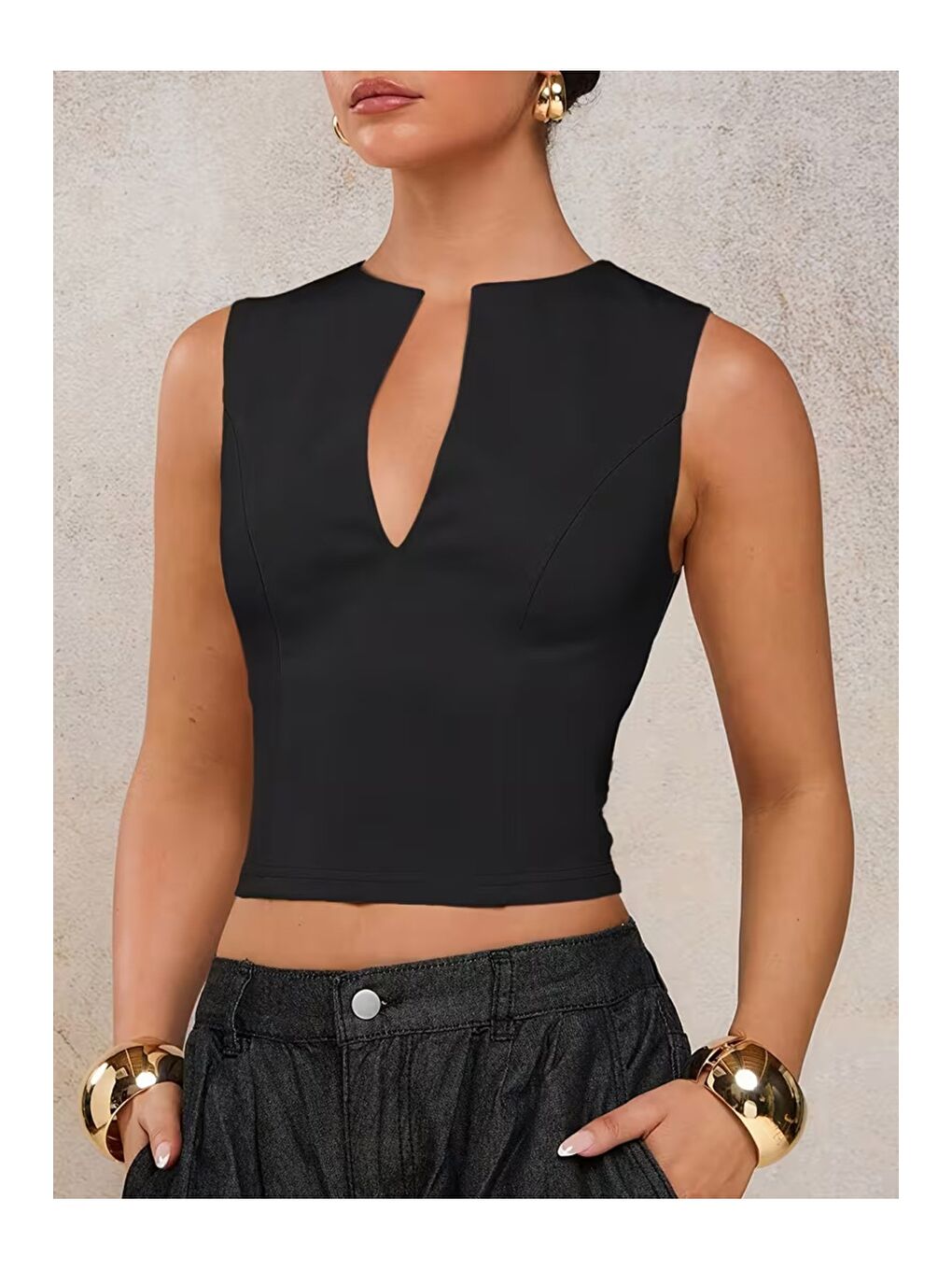 Siyah Kadın Derin V Yaka Atlet Esnek Kumaş Crop Üst
