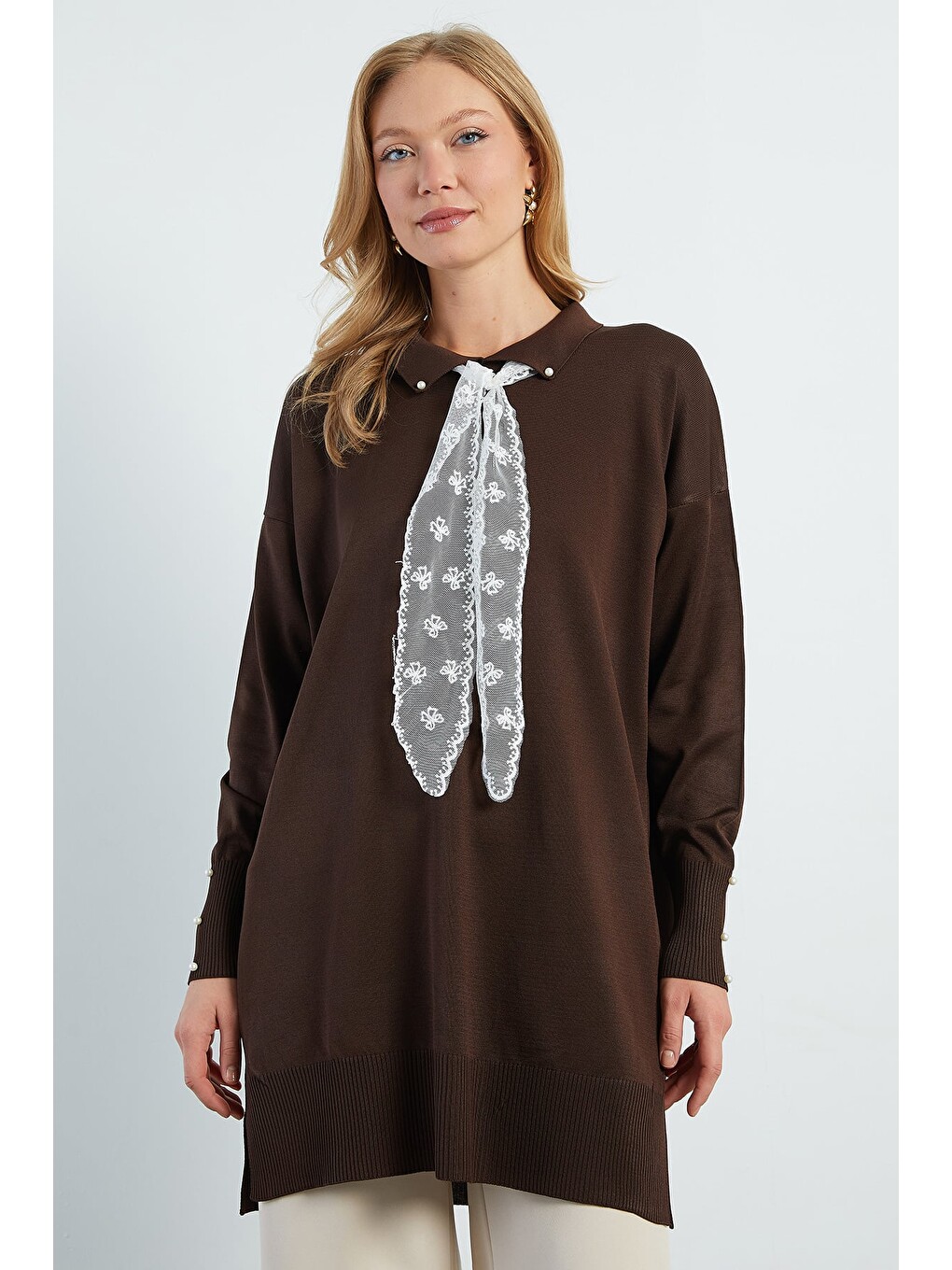 Kahverengi Fullamodest Dantel Fularlı Triko Tunik-3