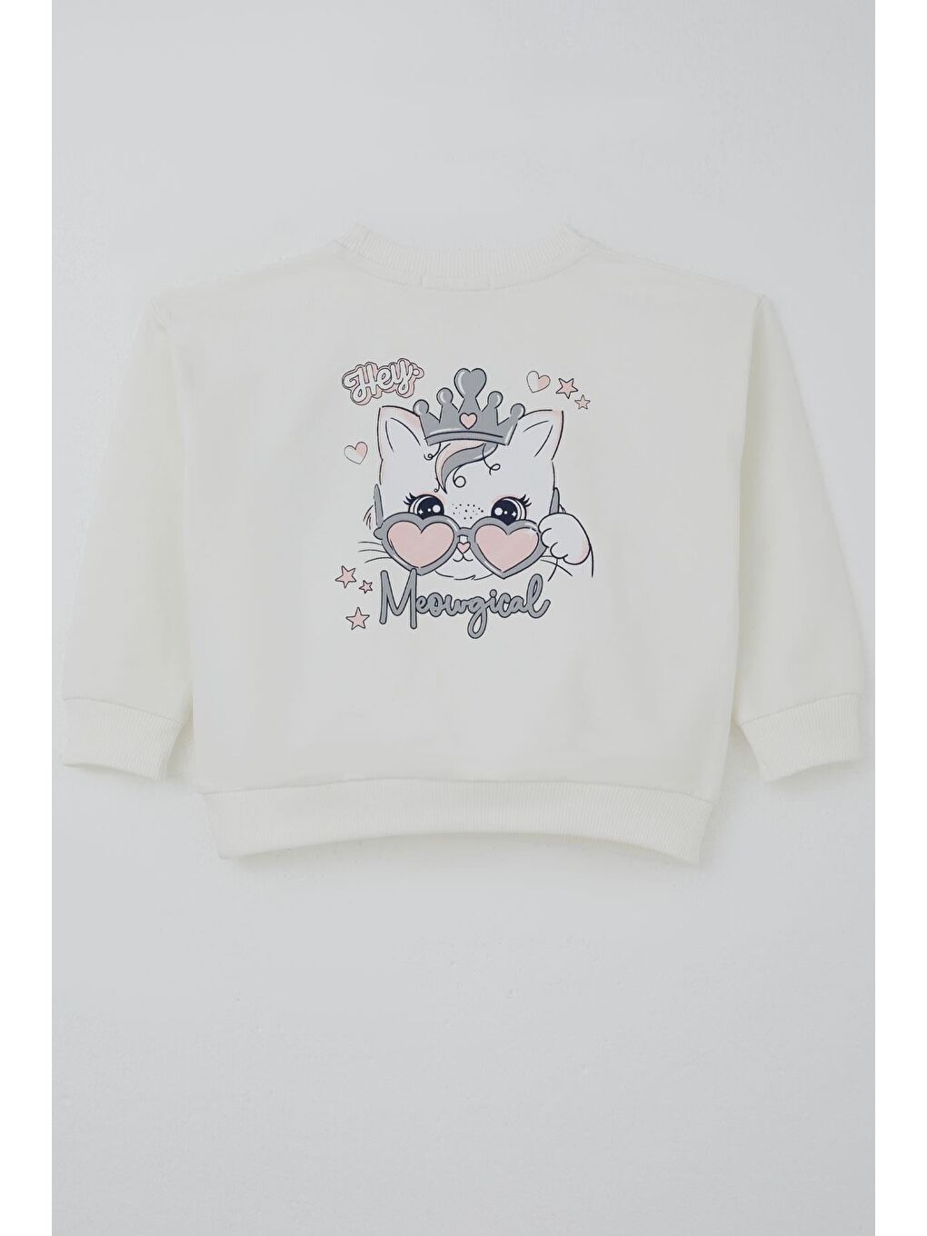 Kız Çocuk Sweatshirt Minik Taçlı Kedi Prenses Baskılı Sırt Baskı Detaylı Ekru (1.5-5 Yaş)-1