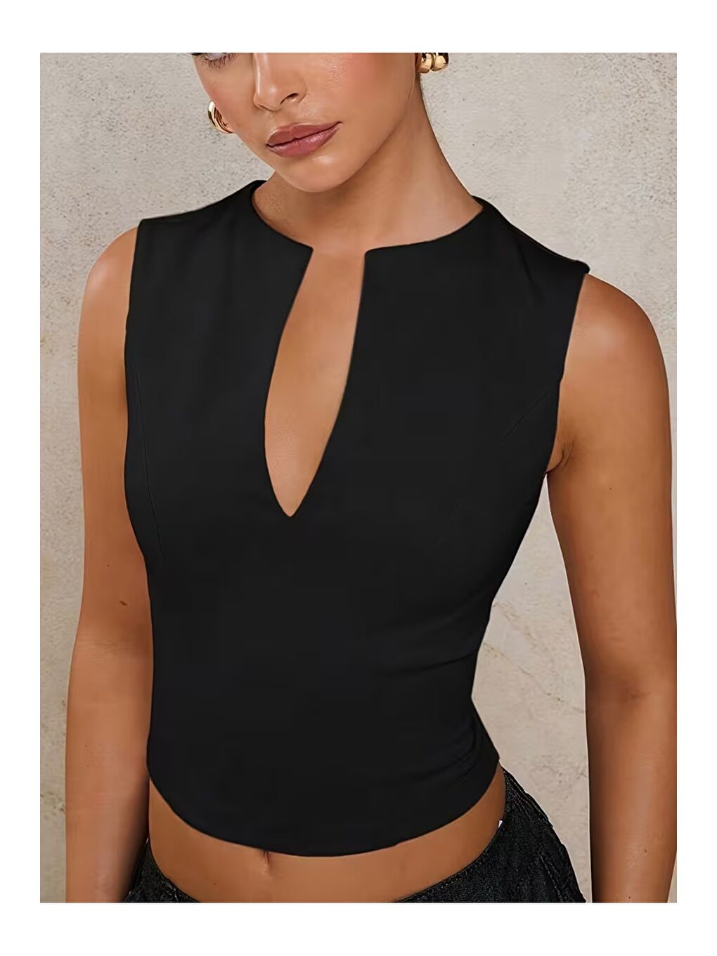 Siyah Kadın Derin V Yaka Atlet Esnek Kumaş Crop Üst-2