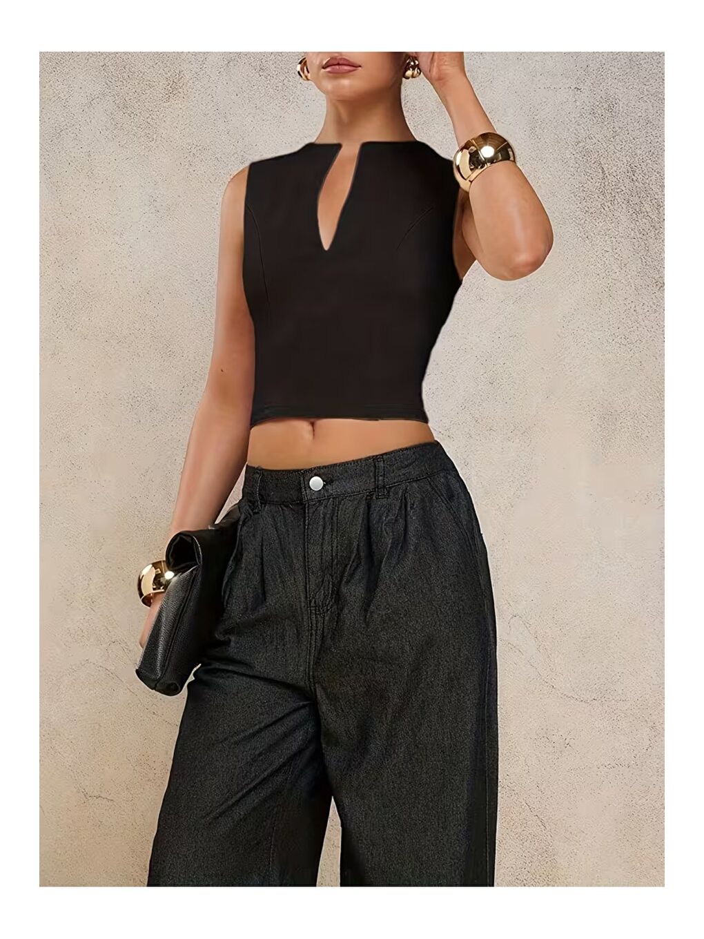 Siyah Kadın Derin V Yaka Atlet Esnek Kumaş Crop Üst-3
