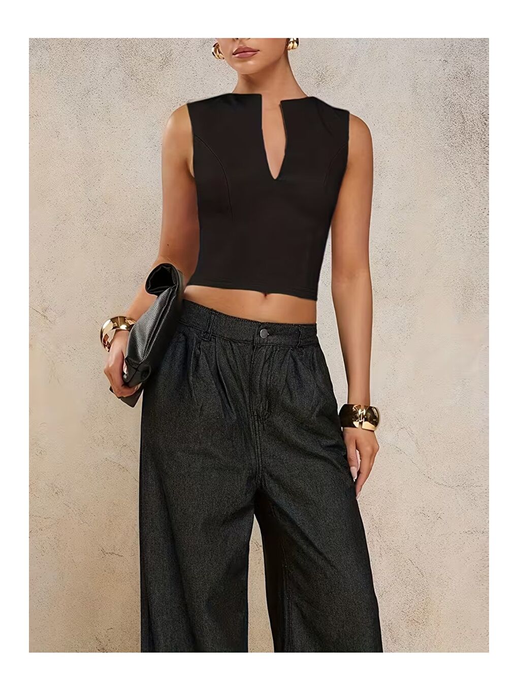 Siyah Kadın Derin V Yaka Atlet Esnek Kumaş Crop Üst-5