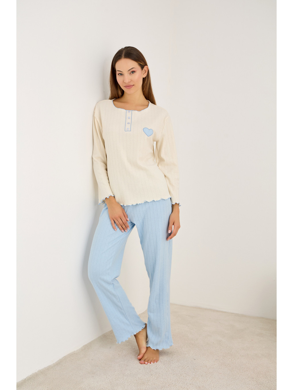 Mavi Kalp Nakışlı Örme İnterlok Pijama Takım25226009-1