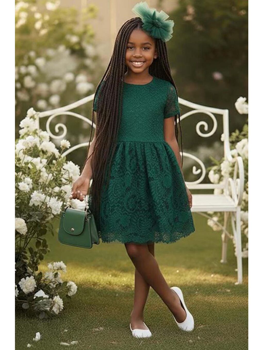 Kız Çocuk Üzeri Dantel İşlemeli İçi Astarlı Simli Yeşil Abiye