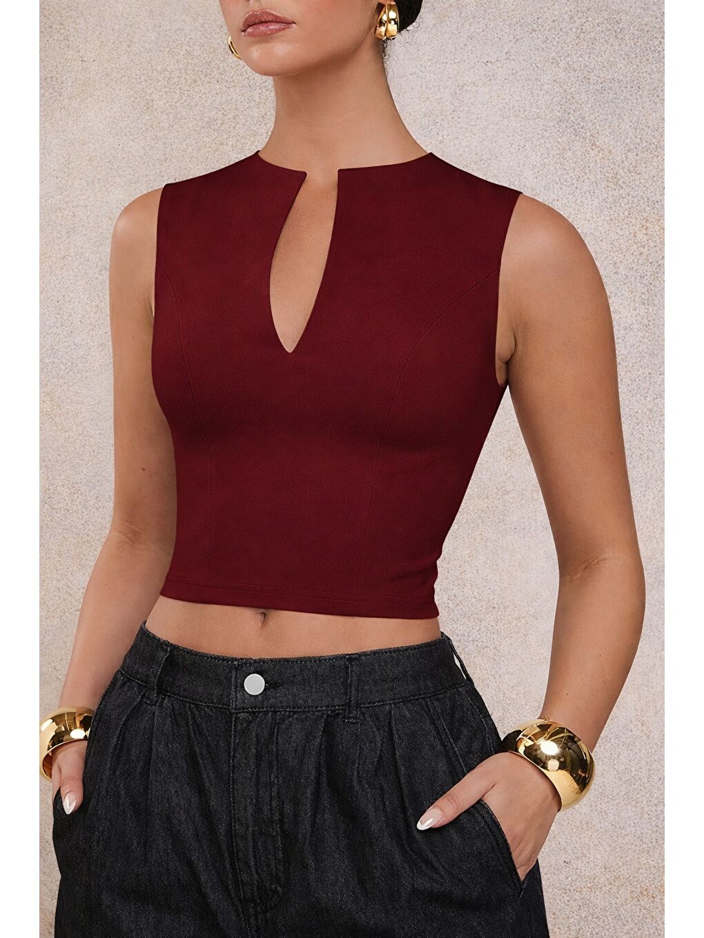 Bordo Kadın Derin V Yaka Atlet Esnek Kumaş Crop Üst