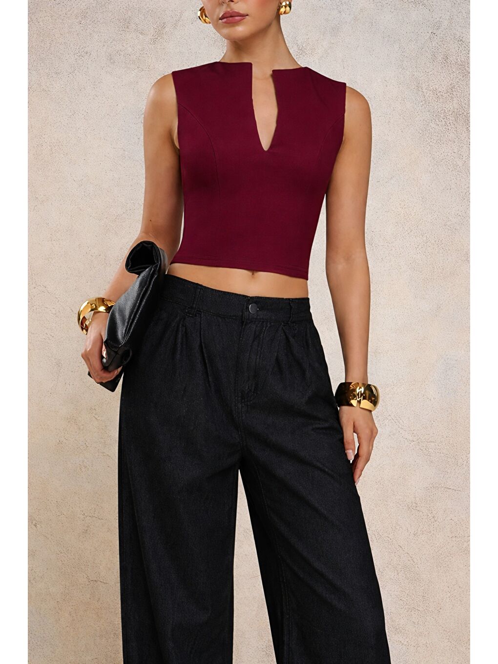 Bordo Kadın Derin V Yaka Atlet Esnek Kumaş Crop Üst-1