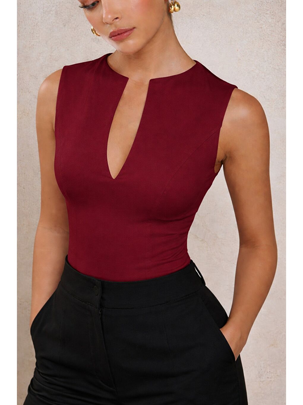 Bordo Kadın Derin V Yaka Atlet Esnek Kumaş Crop Üst-2