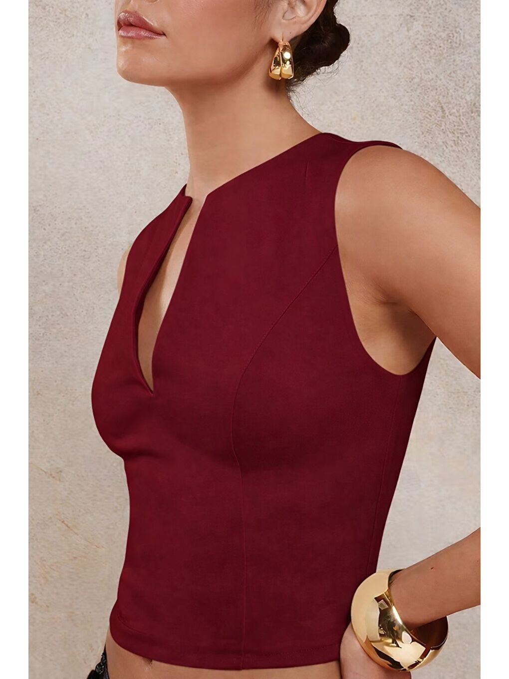 Bordo Kadın Derin V Yaka Atlet Esnek Kumaş Crop Üst-3