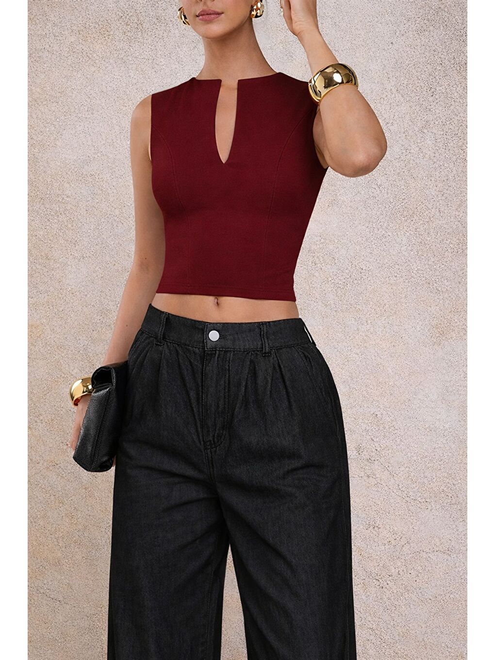 Bordo Kadın Derin V Yaka Atlet Esnek Kumaş Crop Üst-4