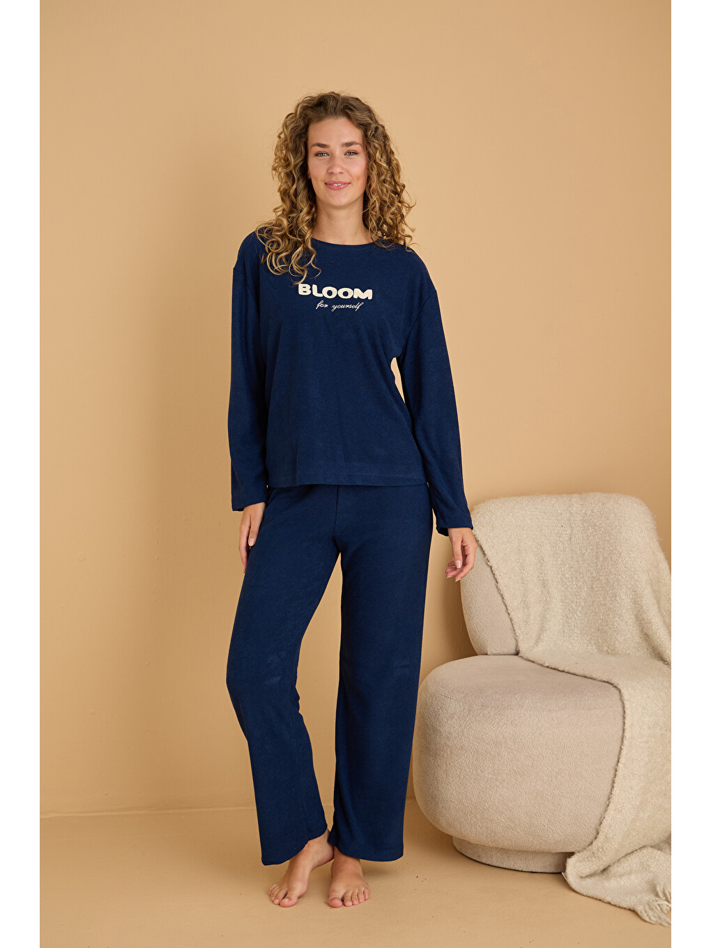 Lacivert Nakışlı Havlu Kumaş Örme Pijama Takım25226006-1