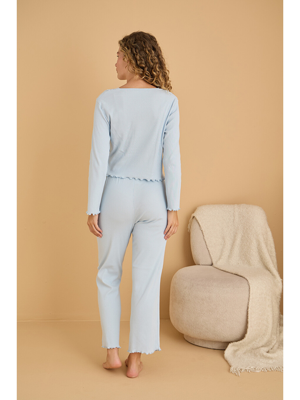 Mavi Pamuklu Dantelli Fitilli Örme Pijama Takım25226005-1