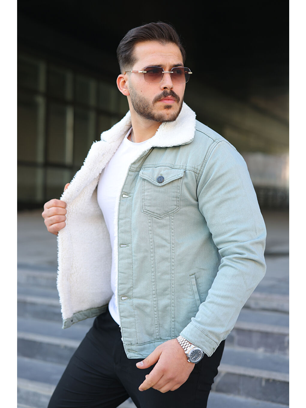 Turkuaz Erkek Trend Kışlık Içi Kürklü S.Yeşil Jean Ceket