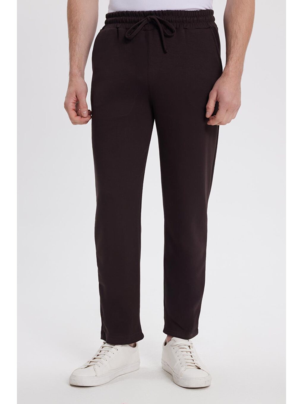 Kahverengi Erkek Slim Fit Dar Kesim Beli Bağcıklı 3 Cepli Geniş Paça Koyu Kahve Eşofman Altı