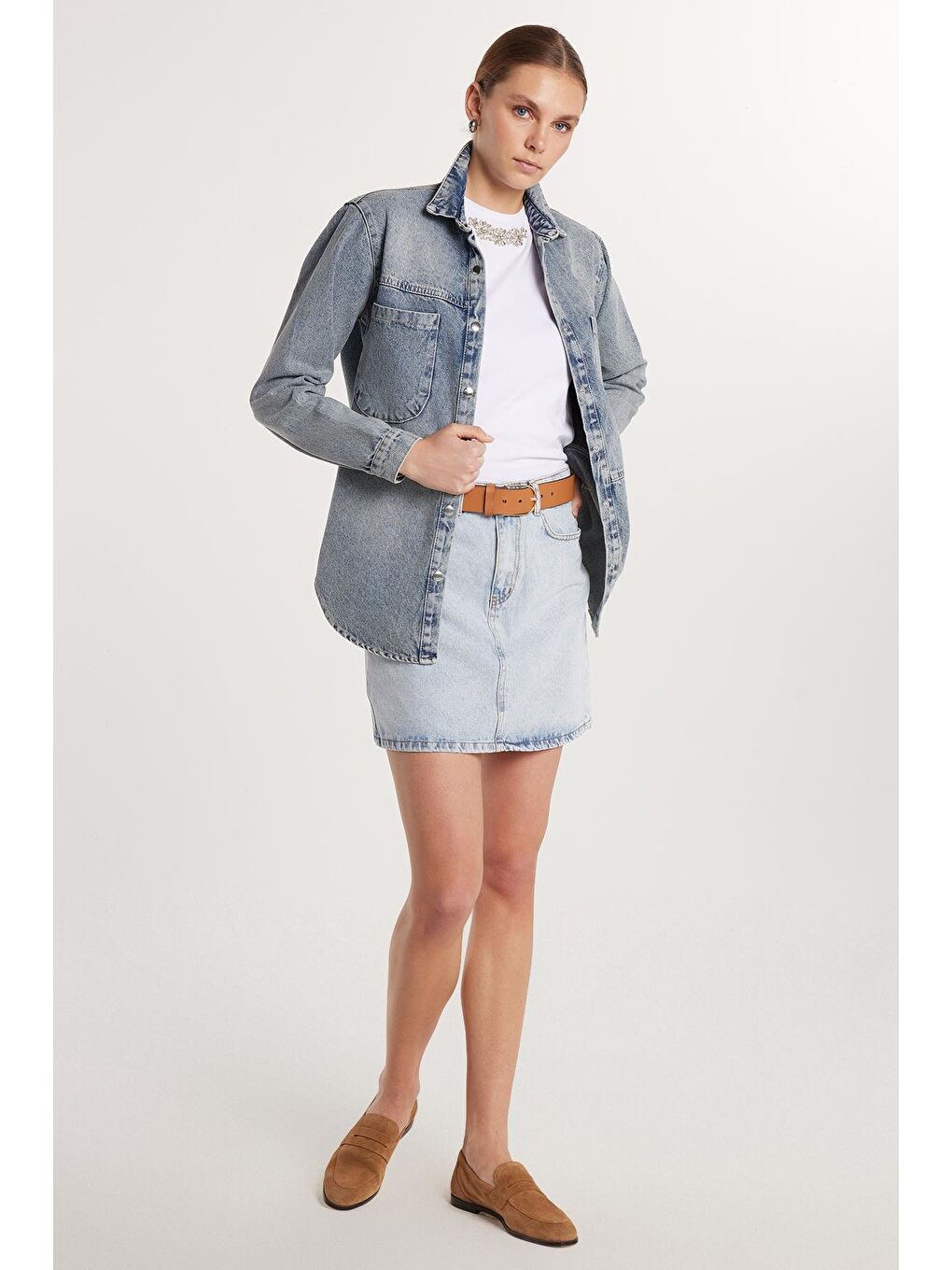 Lacivert Kadın Slim Fit Dar Kesim Cepli Mini Denim Etek-2