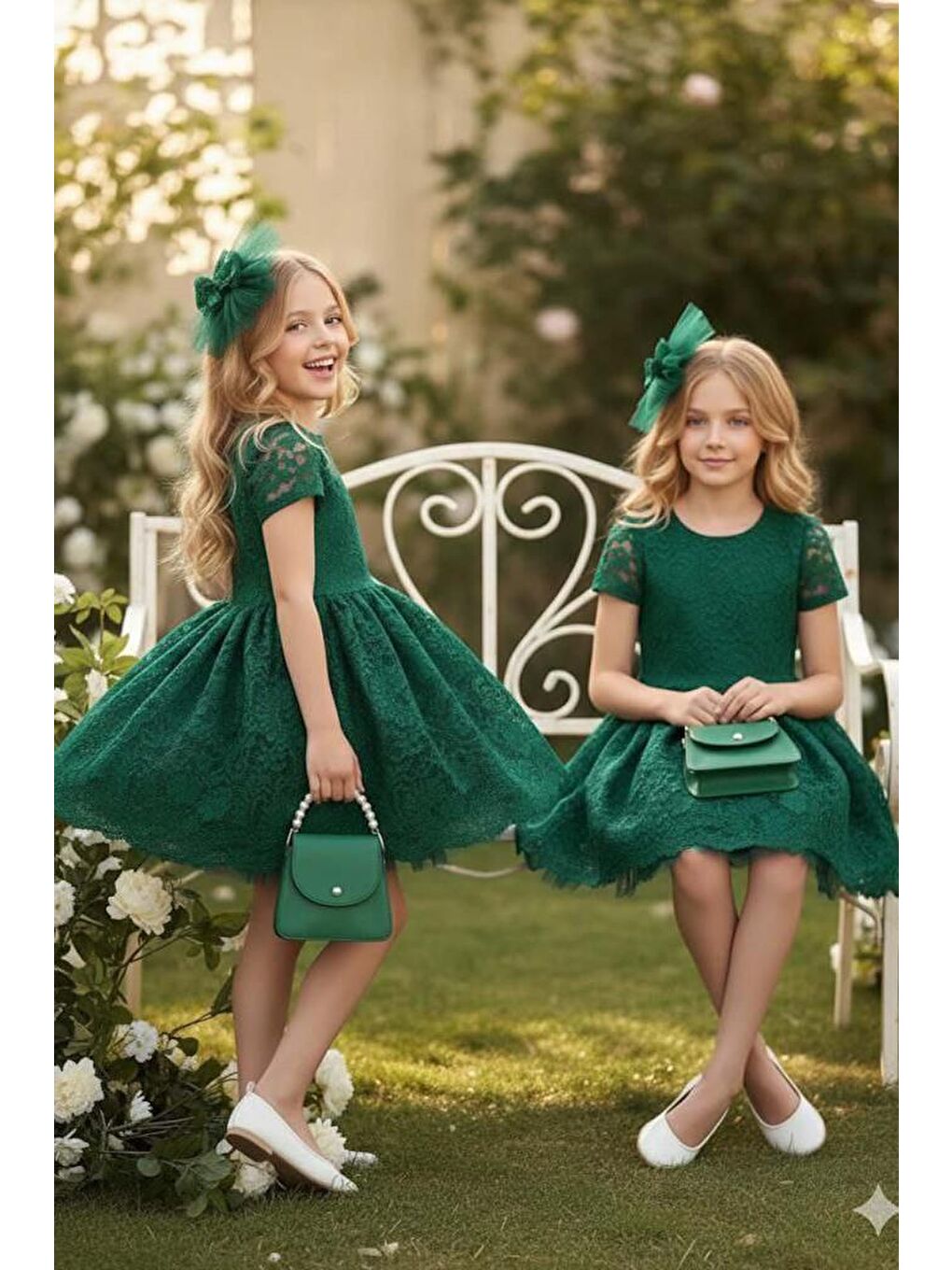 Kız Çocuk Üzeri Dantel İşlemeli İçi Astarlı Simli Yeşil Abiye-1