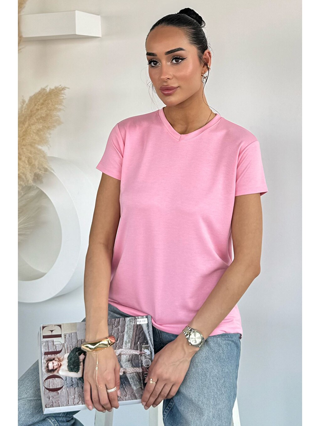 Pembe Kadın V Yaka Basic Tişört
