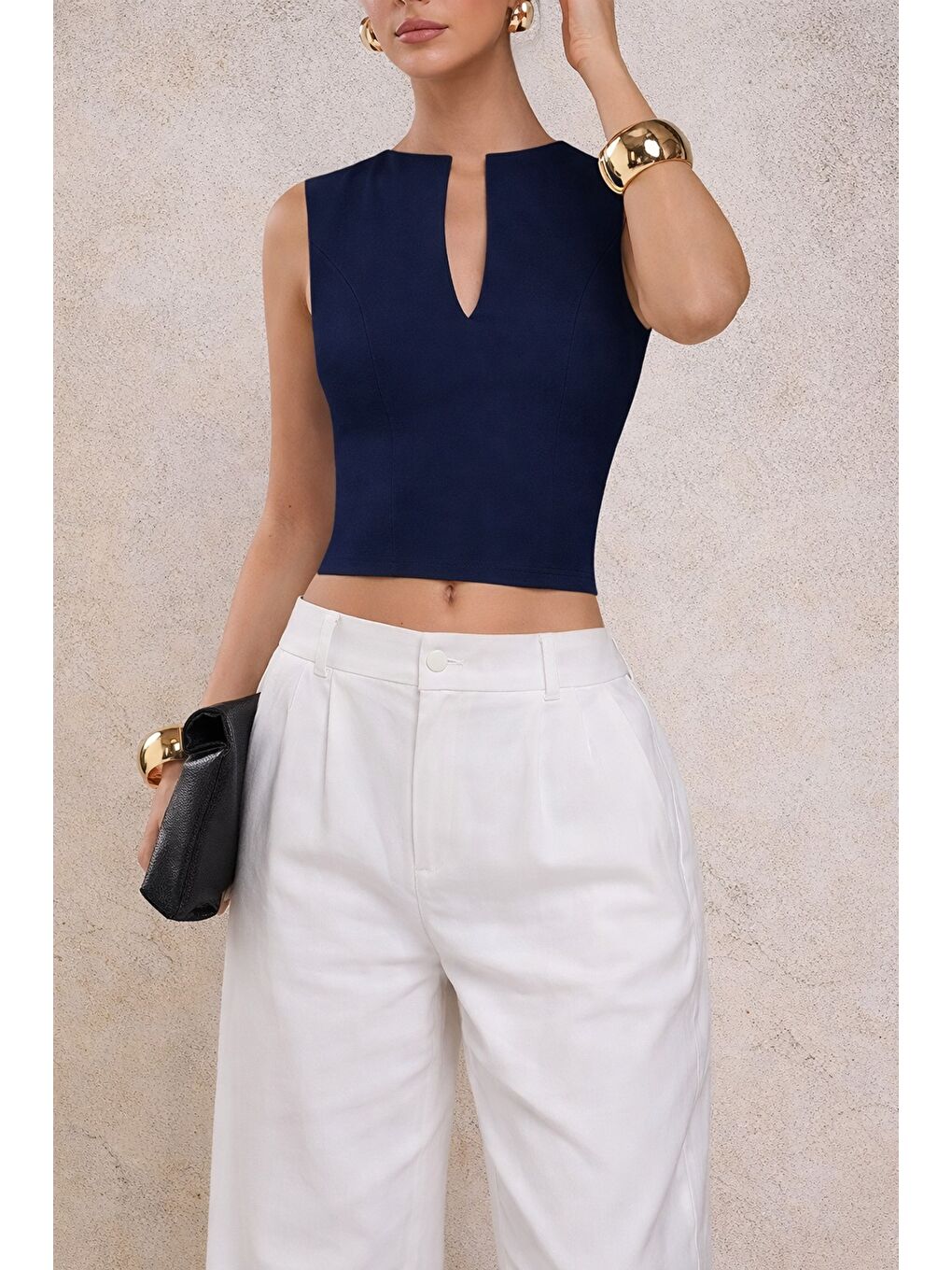 Lacivert Kadın Derin V Yaka Atlet Esnek Kumaş Crop Üst-1