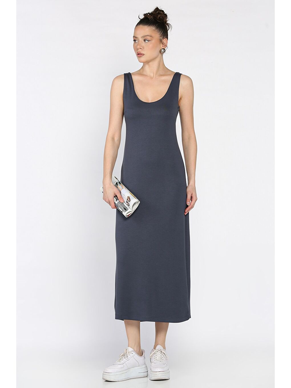 Gri Kadın Kalın Askılı Modal Kumaş Elastanlı Elbise