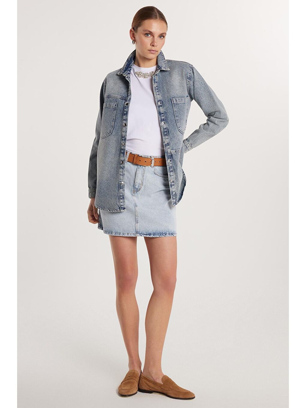 Lacivert Kadın Slim Fit Dar Kesim Cepli Mini Denim Etek-3