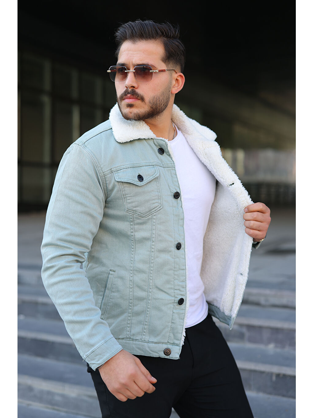 Turkuaz Erkek Trend Kışlık Içi Kürklü S.Yeşil Jean Ceket-1