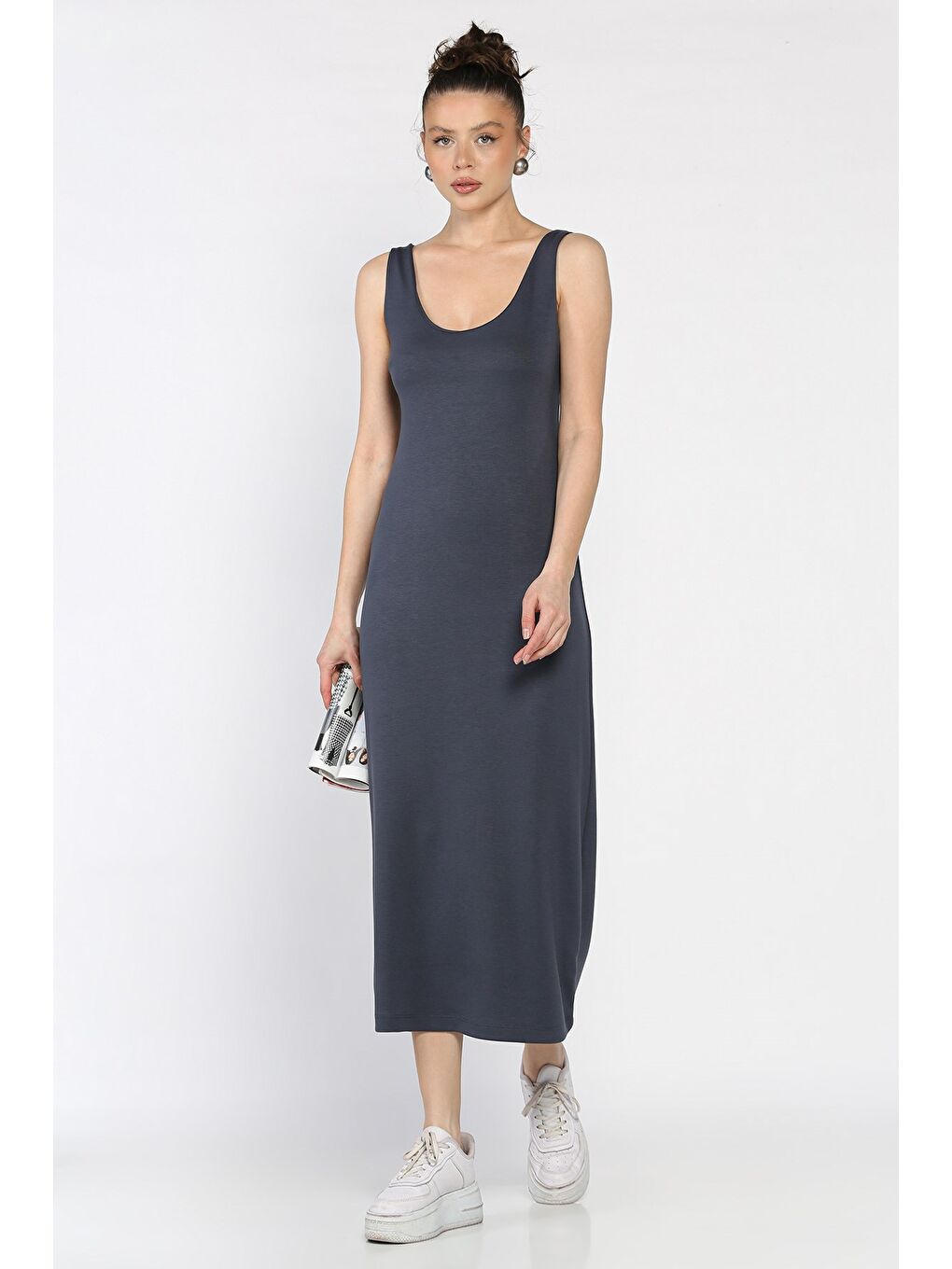 Gri Kadın Kalın Askılı Modal Kumaş Elastanlı Elbise-1