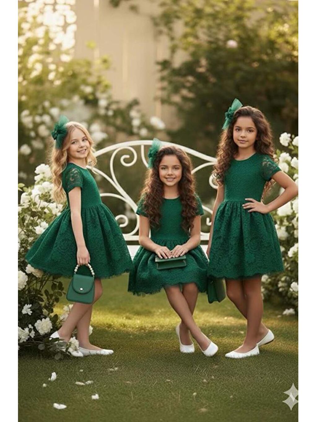 Kız Çocuk Üzeri Dantel İşlemeli İçi Astarlı Simli Yeşil Abiye-2