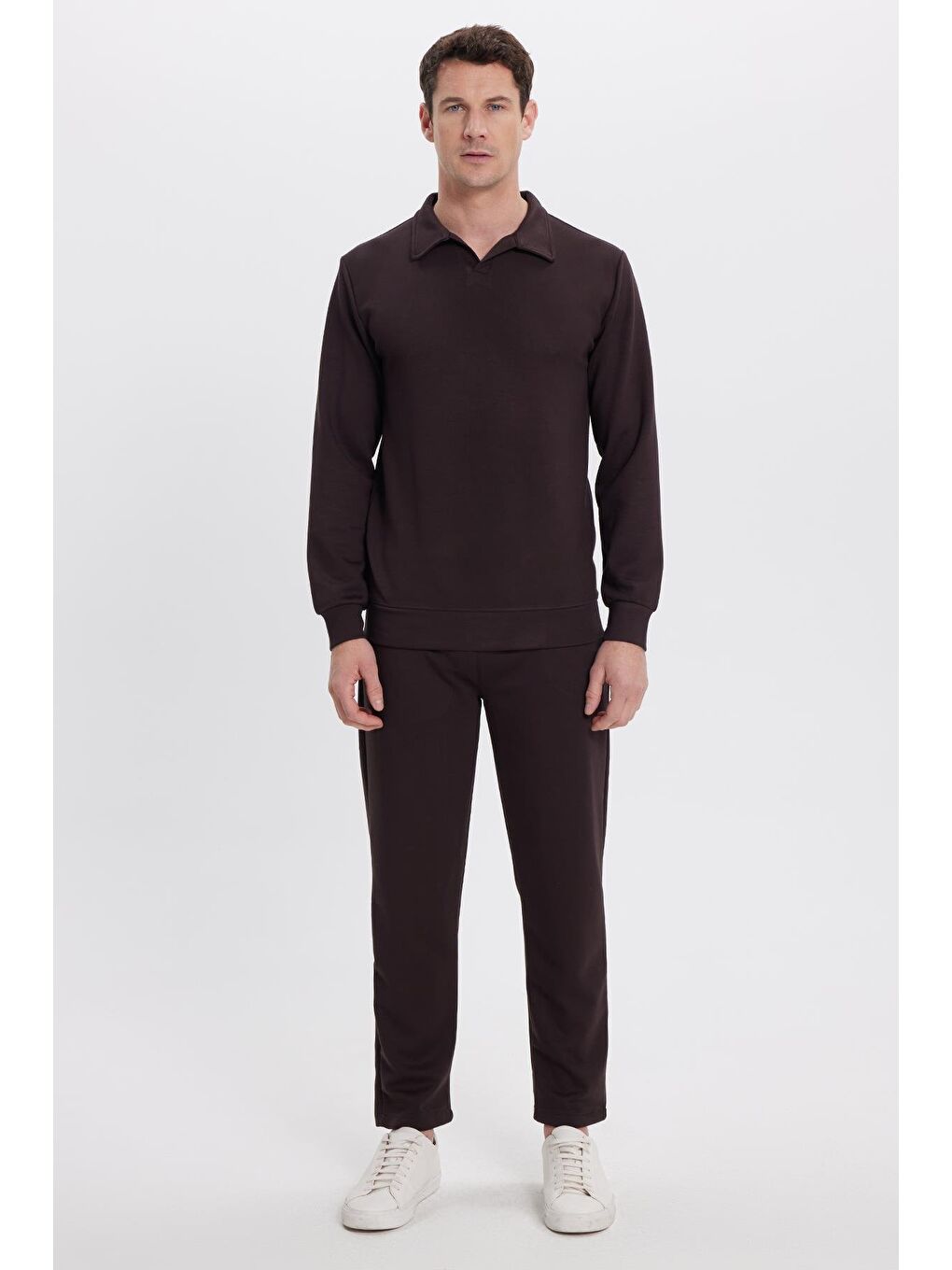 Kahverengi Erkek Slim Fit Dar Kesim Beli Bağcıklı 3 Cepli Geniş Paça Koyu Kahve Eşofman Altı-1